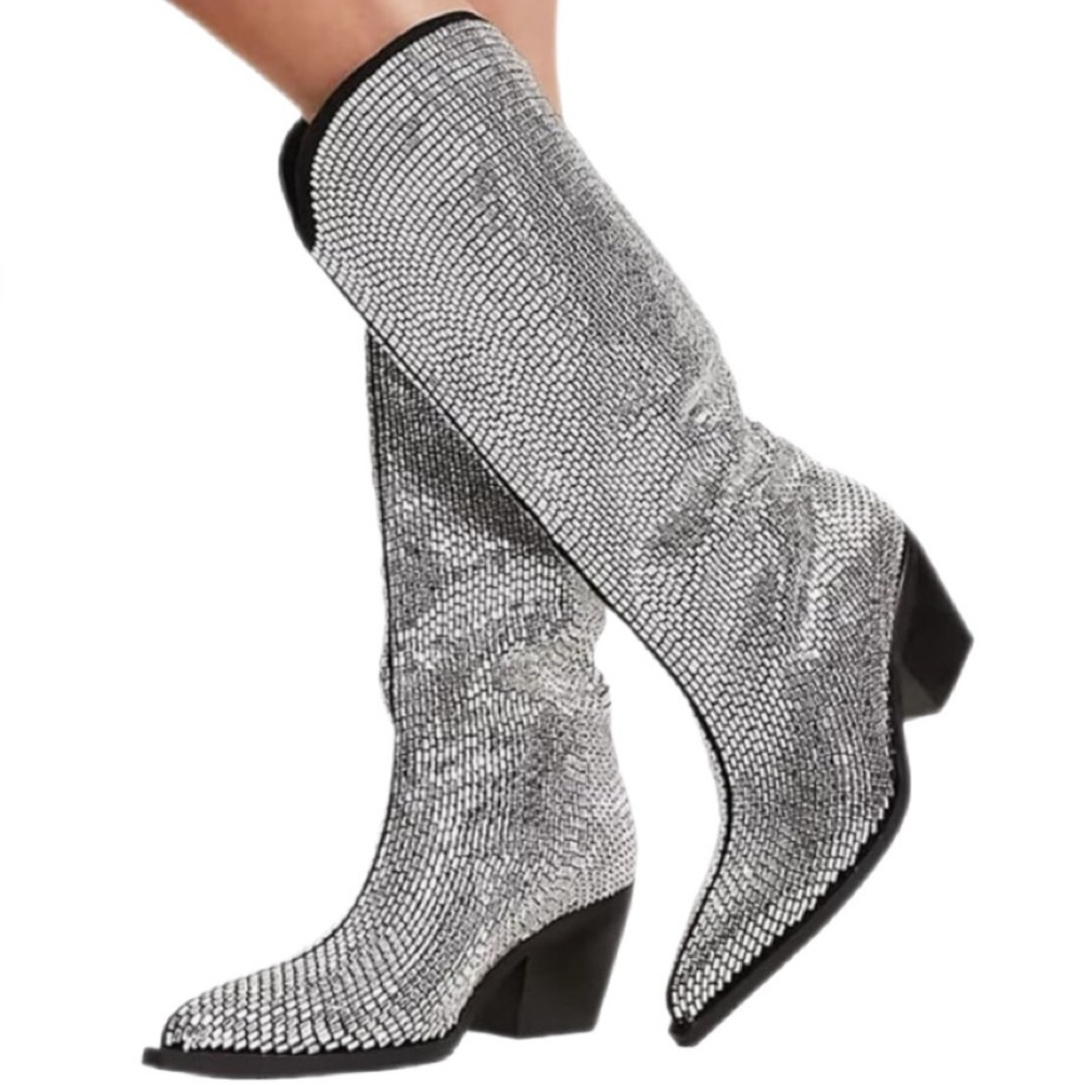 Glitter / mirrored Embellished Silver Mid-Calf Heeled Boots